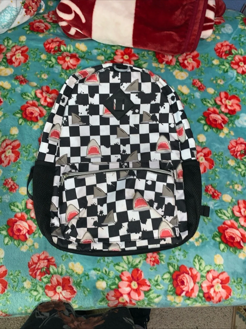 Schoolyard Vibes Shark Head & Checkered Full Size Backpack